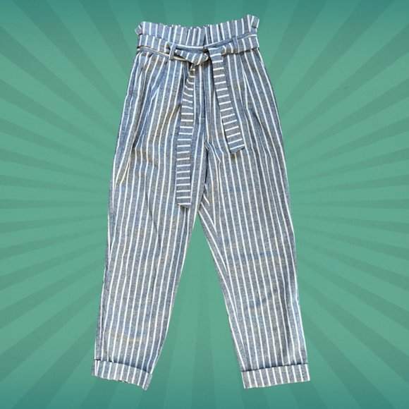 TopShop blue/white stripe paperbag high wasted pants 4 - Picture 1 of 2